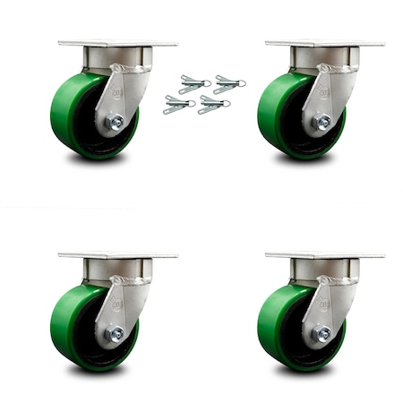 Service Caster 4 Inch Kingpinless Green Poly on Steel Wheel Swivel Caster Set with Swivel Lock SCC-KP30S420-PUR-GB-BSL-4